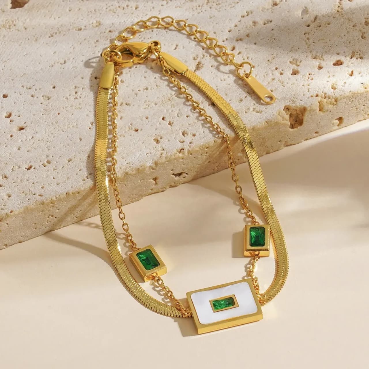 Emerald double chain bracelet